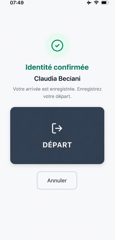 Écran de confirmation de pointage TalentFlow